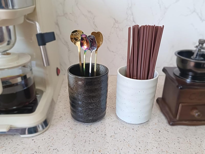 TOPYOKK Stoneware Coffee Bar Utensil Holder Tea & Coffee Spoon & Stirrer Holder for Stir Stick Straw Teaspoon Holder Spoon Cup Small Utensil Jar (Retro Black) - Image 2